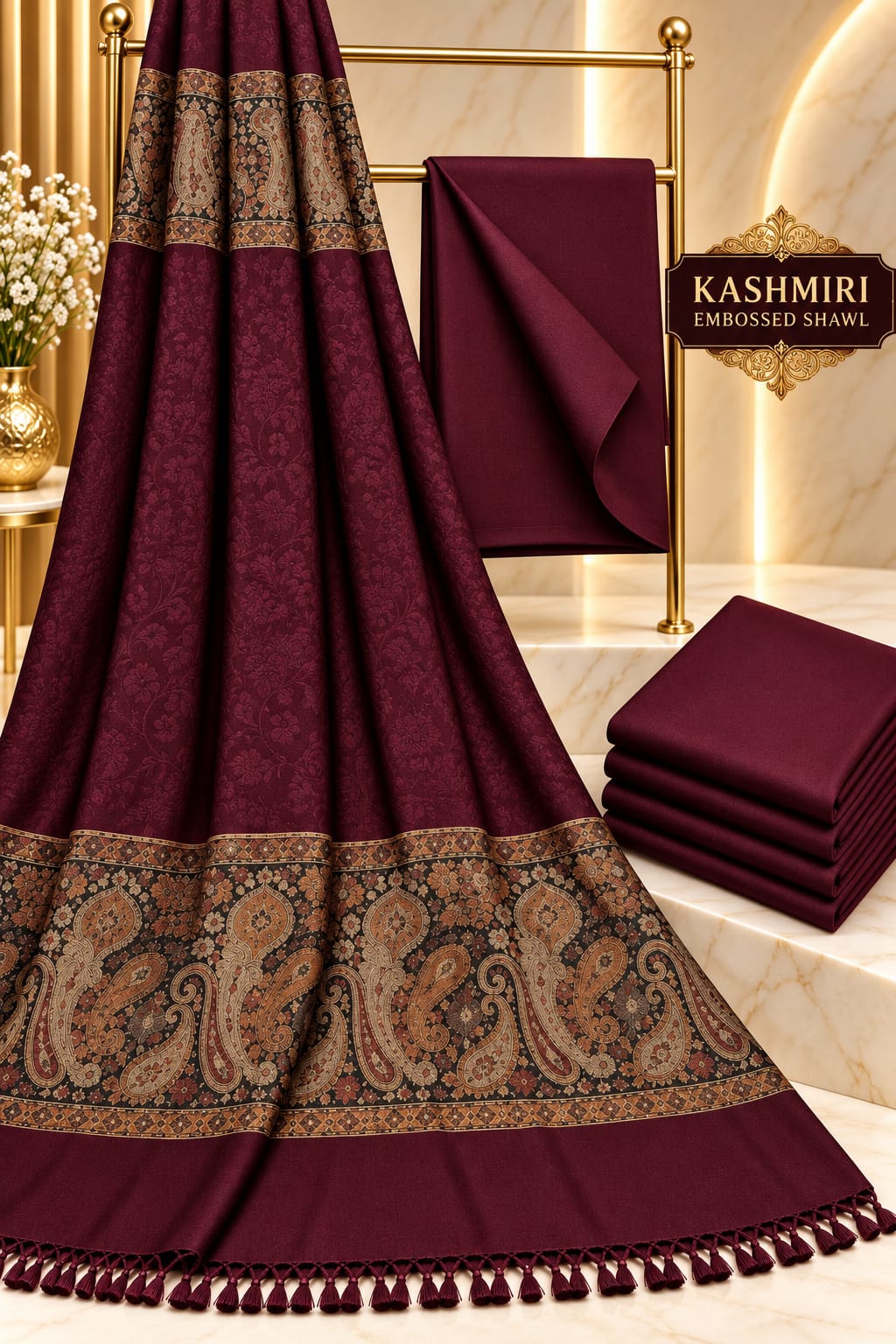 Kashmiri Embose Jaquard+Self design Shawl +Dhanak Suite